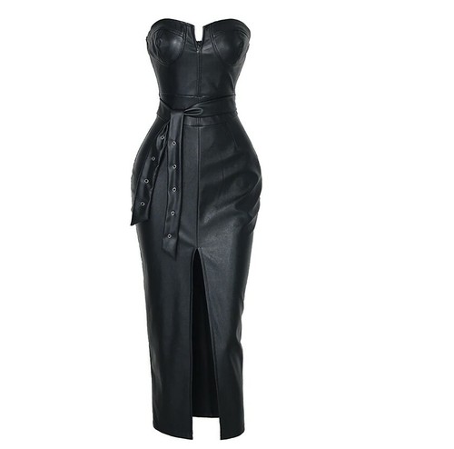 USA-Women-PU-High-Split-Tight-Party-Club-Wear-Low-Cut-Bodycon-Belted-Dress-P