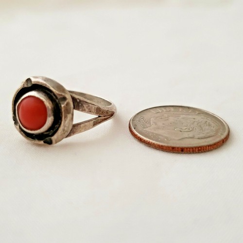 Anello tondo vintage argento pietra arancione cabochon 5,5 ossidato sud ovest non marcato - Foto 10 di 11