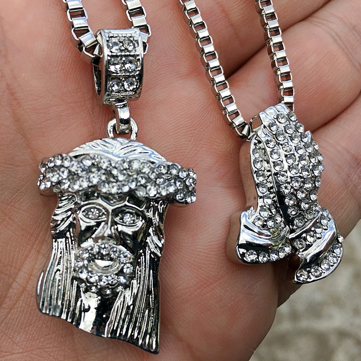 Jesus Head & Praying Hands Pray Pendant Silver Tone 24