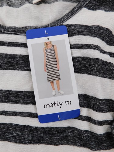 Matty M Women's Large Dress Sleeveless White Charcoal Gray Stripe - Picture 6 of 6