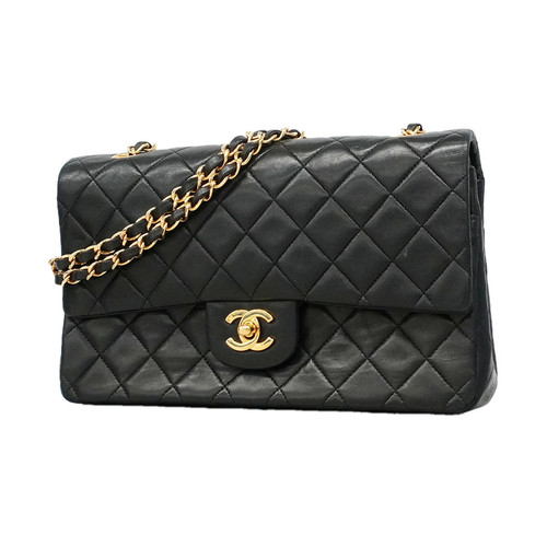 Chanel Double Flap Chain Shoulder Bag Quilted Lambskin Black Women's #OTB386