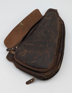 Brown Medium Sling Crossbody Bag Adjustable Strap Zip & Snap Closure Brass