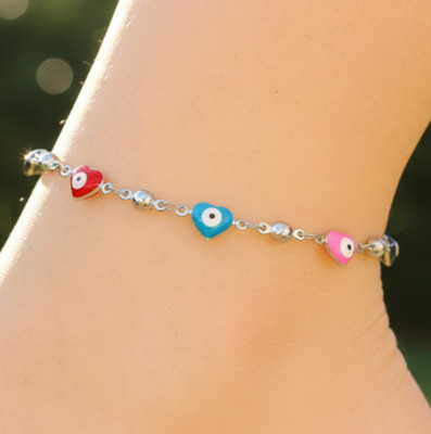 Heart Evil Eye Anklet Silver Bead Evil Eye Anklet Multicolor Protection Bead