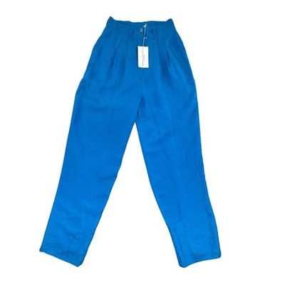 Point of View Collection Blue 100% Silk Pleated High Waist Trousers Pants Size 6
