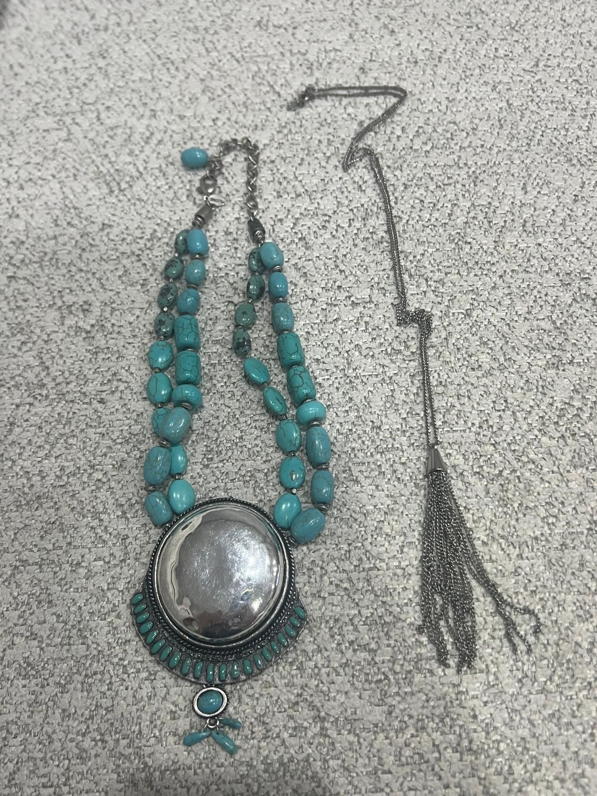 Chico's Silver Tone Turquoise Blue Beaded Double Statement Necklace 2 Piece #G