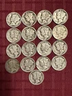 Mercury Dimes Lot of 17 90% Silver Mixed Dates 1930s to 1940s 1920s Good Cond