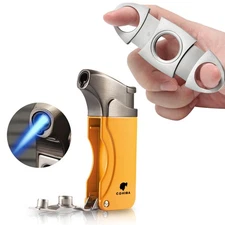 Portable 3 Jet Flame Torch Cigar Lighter Windproof Orange Metal Cigar Cutter