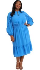 London Times Midi dress plus size 24W Smocked Waist Split Neck Ruffle Sleeve