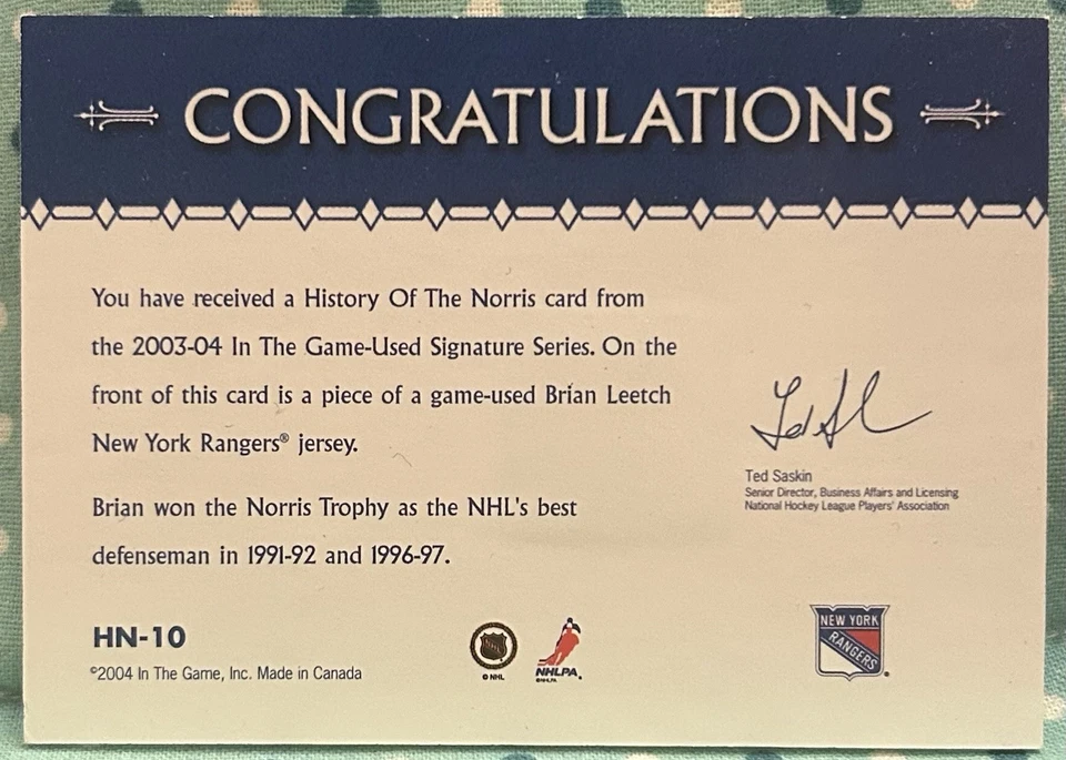 BRIAN LEETCH 2003-04 In The Game-Used History Of The Norris Trophy Jersey Relic - Image 2 of 2