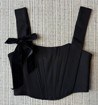 NWT FOREVER 21 Small Black Knit Bustier Tank Top With Velvet Accent Bow Zip Up