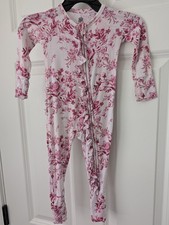 EUC Bums Roses Bamboo Floral Ruffle Butt Romper Size 6-9 Months Snug Fit