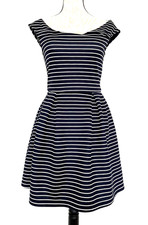 WINDSOR Women's Blue White Striped Fit & Flare Dress Stretch Cap Sleeve Pleats S
