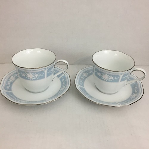 JL) NORITAKE LACEWOOD Teetasse Untertasse BLAU Silberrand Japan 3803 Vintage 2er Set