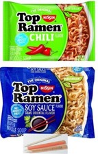 Top Ramen Soy Sauce and Chili Flavor Noodles w/Chopsticks 24pks ea.-48 total 