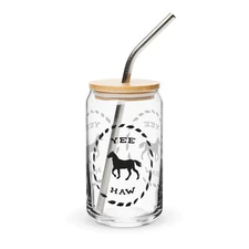 16oz Can-Shaped Glass Horse Western Design Cold Drinkware Press On Lid & Straw