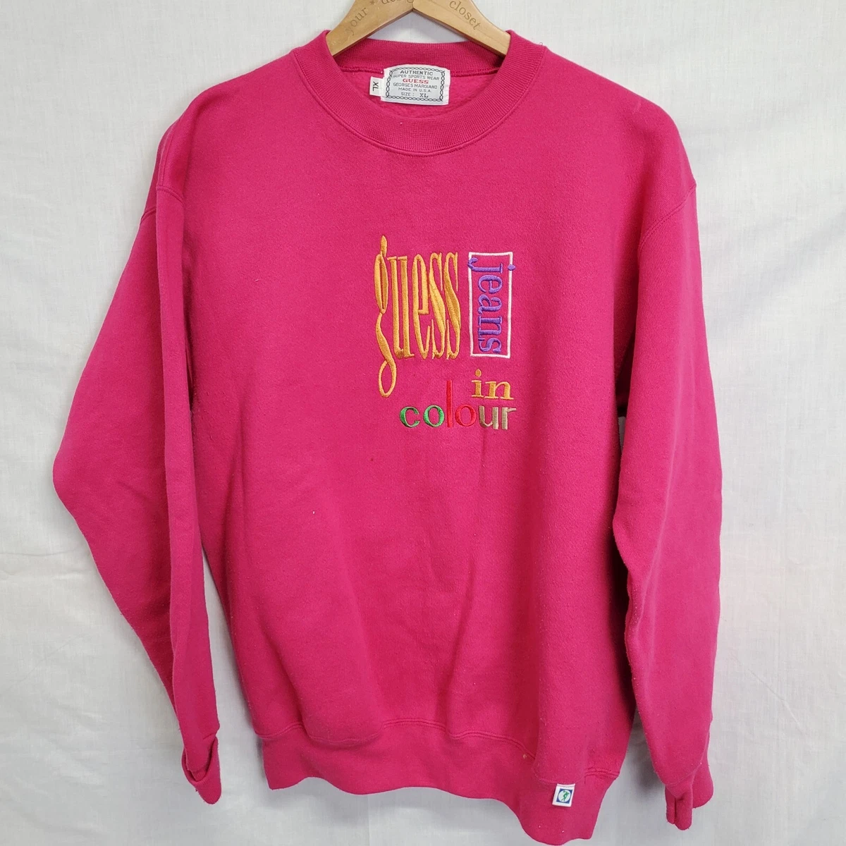 Vtg Guess Jeans Sweatshirt Size XL Pink Embroidered In Colour Crew Womens