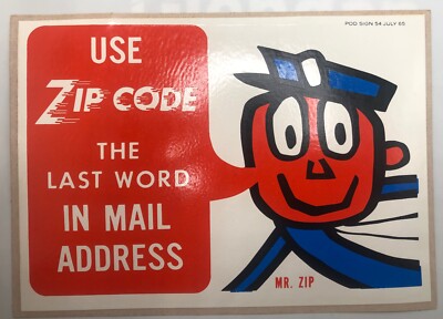 MR. ZIP Use Zip Code Sticker 1965 6 7/8  X  4 7/8  New Condition USPS