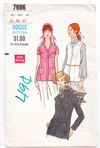 Vogue 7606 Vintage Women's Jacket or Cardigan, Size 18, Bust 40, 1960's Uncut FF