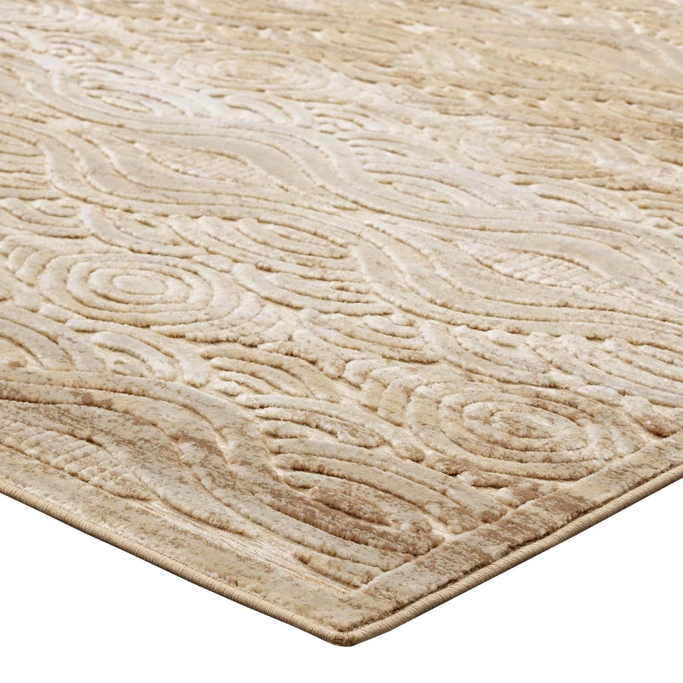Modway Rustic Vintage Abstract Waves Chenille Yarn 5x8 Area Rug in Tan and Cream - Image 4 of 4