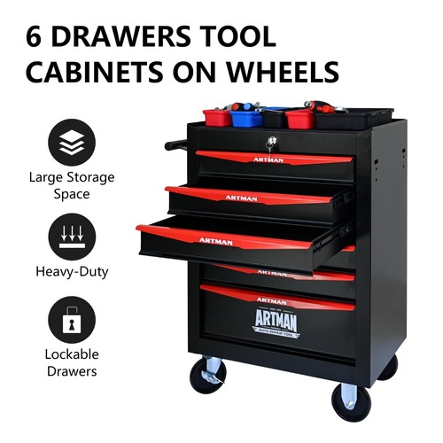 Mechanics Steel Tool Cart, 20" 6 Drawers Storage Cabinet W/ WHEELS, Red & Black - Picture 1 of 10