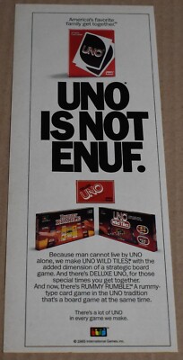 1985 Print Ad UNO Rummy Rumble Vantage Luck Plus International Games Art Play