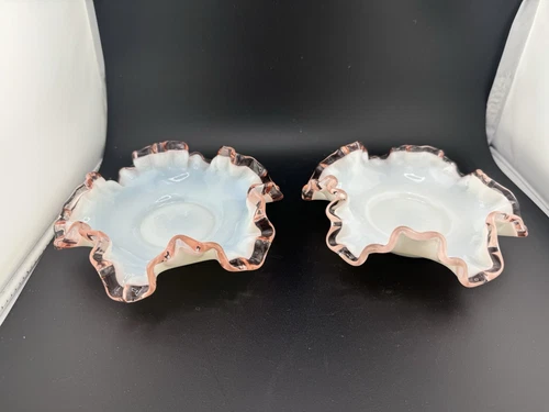Pair Of Fenton Opalescent Rose Crest Ruffle Edge Candy Bowls
