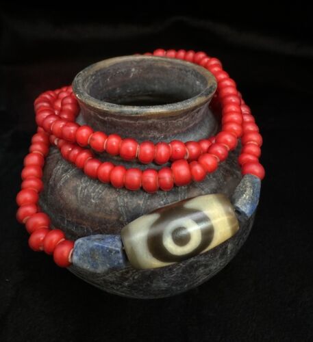 Antique Vintage Venetian White Heart & Tibetan DZi Agate Beads Necklace