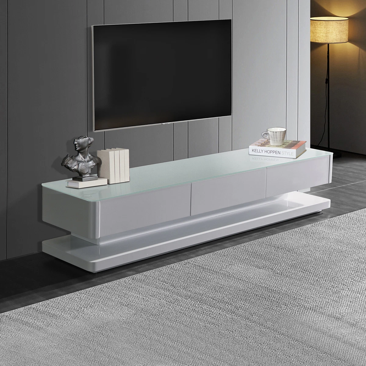 Suprilla Sturdy Construction High Gloss Finish Tempt Glass White TV Cabinet