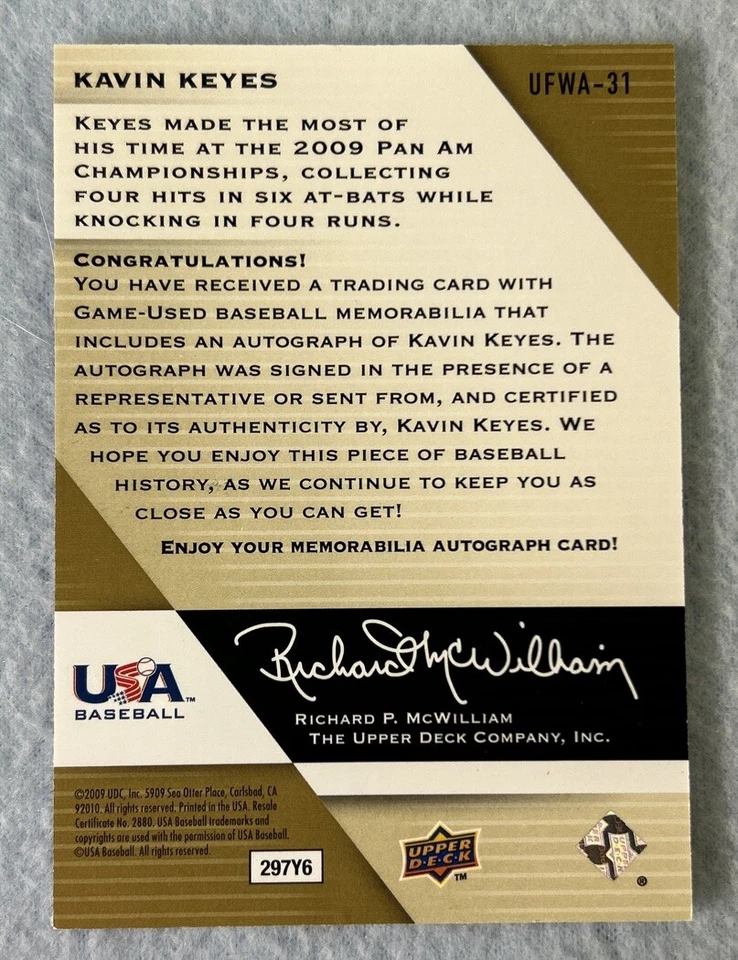 2009 Upper Deck USA Future Watch Game-Used Auto Jersey 899 Kavin Keyes #UFWA-31 - Image 2 of 2