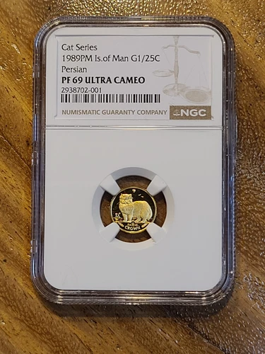 1989 Isle of Man Persian Cat 1/25 Gold Coin NGC PF69
