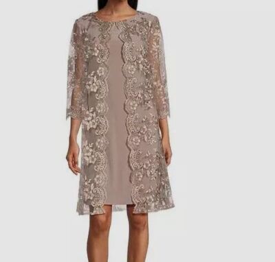 Alex Evenings Women's Beige Embroidered Mock Jacket Shift Dress Petite Size  8P | eBay