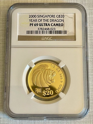 Singapore 2000 Lion & Dragon Privy Mark $20 1/2 oz Gold NGC PF69 UC SKU# 1621