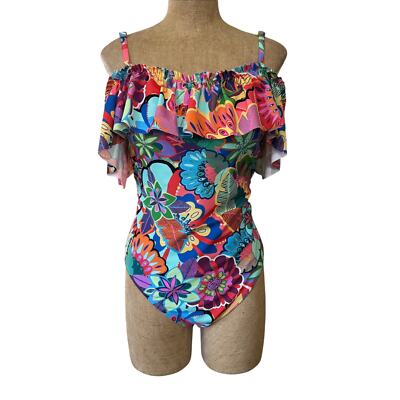 Bleu Rod Beattie Size 14 Floral Off The Shoulder Make it Pop Riff;e Swimsuit EUC