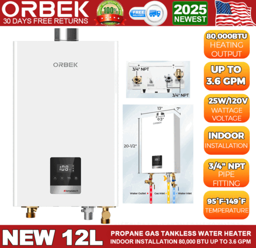 Indoor Propane Gas Tankless Water Heater Instant Hot ORBEK 3.6 GPM 80,000 BTU