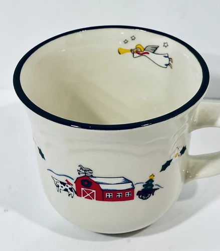 Six (6) Pfaltzgraff Snow Village Cups & Saucers Barn Angel Christmas Mug