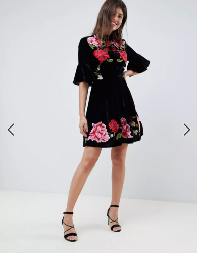 ASOS Black Velvet Floral Embroidered Skater Dress Size UK 8 - Afbeelding 1 van 10