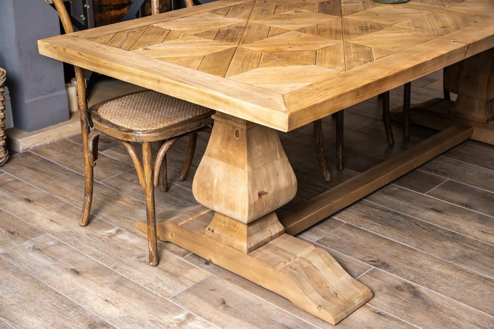 2.4M LARGE PINE KITCHEN DINING TABLE WITH TWO PEDESTALS PATTERENED TOP
