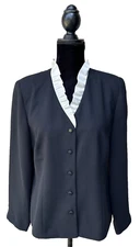 TALBOTS Black Top Jacket Size 10 Ivory Satin Collar Crepe Fabric Lined Excellent