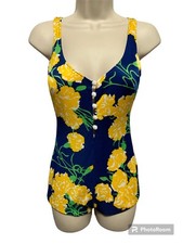 Vintage 70s Maxine of Hollywood Sz 12/34 Blue Yellow Floral Pinup Swimsuit Flaws