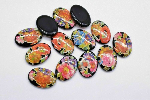 20 Colorful Oval Black Floral Cabochon 14 x 10 mm Germany Vintage - 第 6/8 張圖片