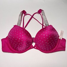 Victoria Secret 32B Bombshell Push Up Bikini Top Shine Cups Strap Berry Blush