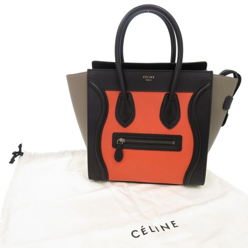 AUTHENTIC CELINE Luggage micro Shoppe rHand Bag Black/Orange Leather - Picture 2 of 10