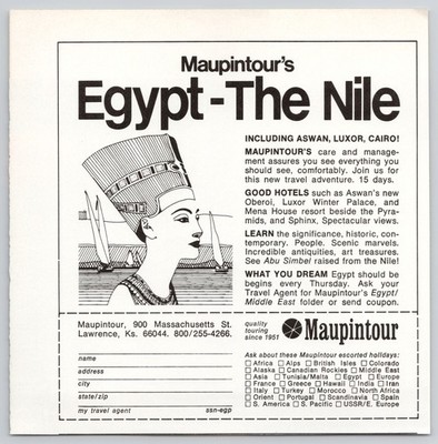 Egypt The Nile Maupintour Luxor Aswan Cairo Travel Adventure 1978 Print Ad