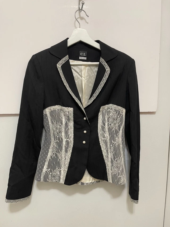 CARA LOTTI черный белый парижский кружевной оверлей жемчуг кнопки 38 шерсти блейзер Франция - Изображение 2 из 4