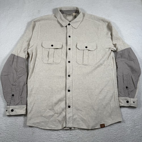 LL Bean Shirt Men LT Beige Waffle Knit Flap Pocket Snap Padded Sleeve Large Tall - Picture 1 of 9
