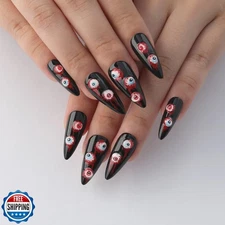 Halloween Press on Nails Medium Almond with Horror Designs, Black Medium Almo