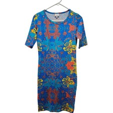 LuLaRoe Julia Dress Blue Multicolor Kaleidoscope Print Fitted Knit Bodycon Sz S
