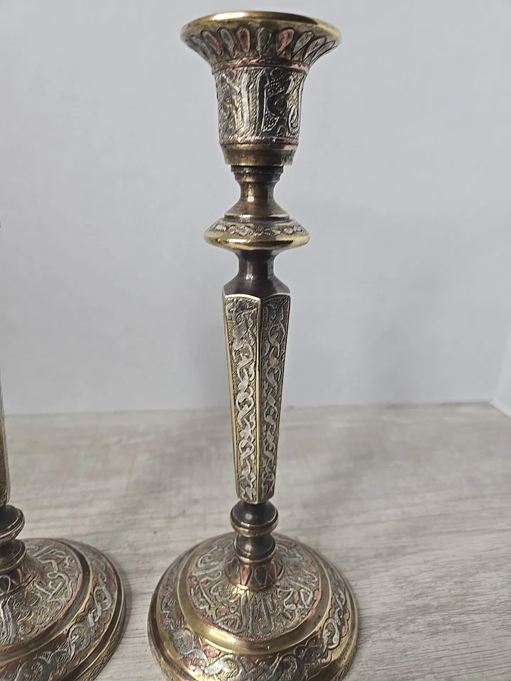Portavelas antiguo persa de bronce, cobre y plata XIX  Foto 3 de 4