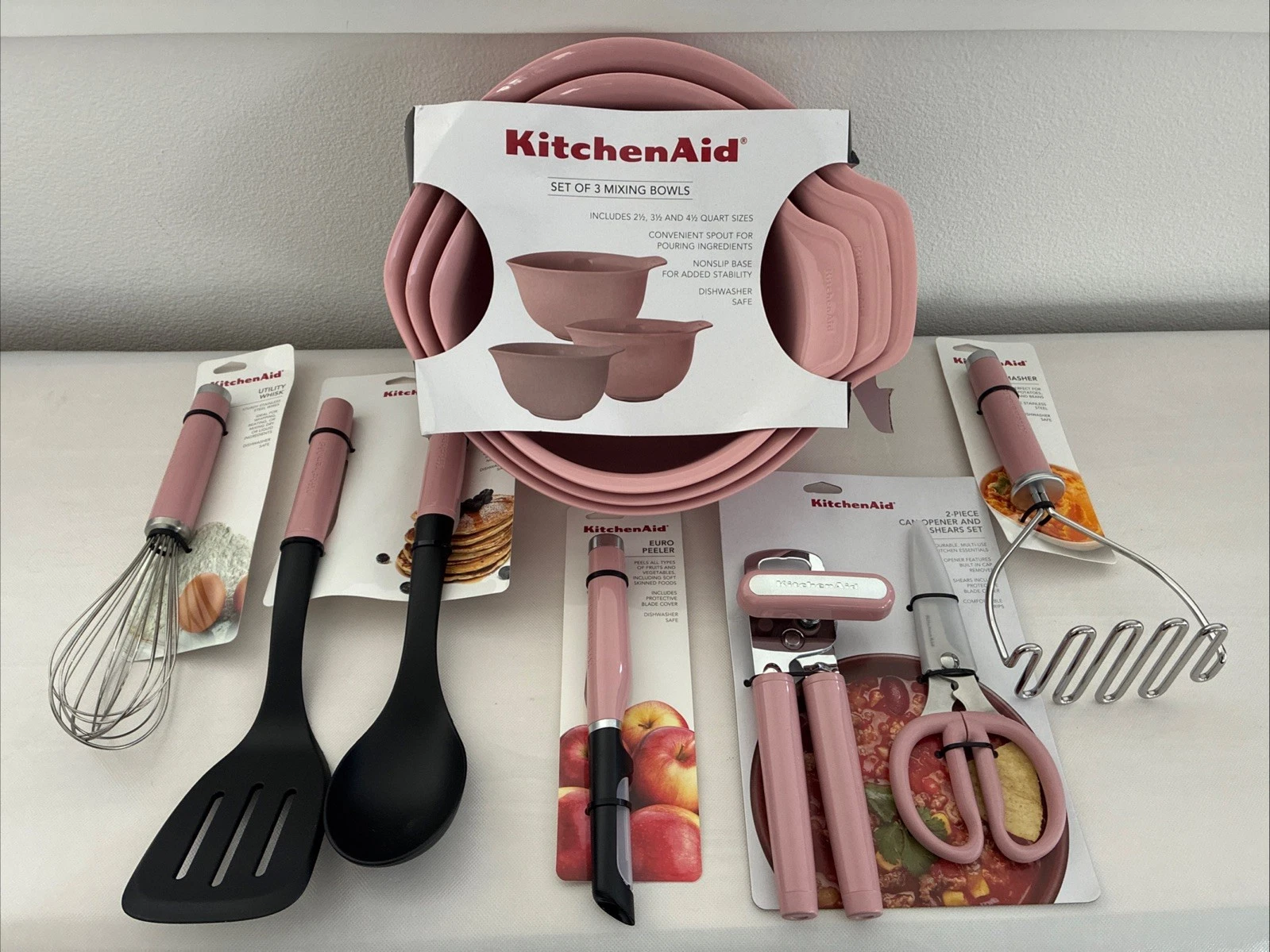 New KitchenAid Dried Rose Pink HDRA 10 Pc Mixing Bowls Can Opener Shears Cups