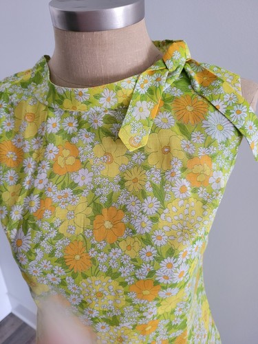 Vintage 70s MOD Dress Lime Yellow Orange White Daisy Flowers - Picture 3 of 7